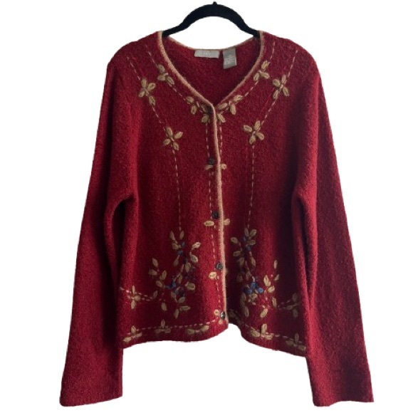 Ivy Sweaters - Ivy Red Wool Blend Floral Embroidered Button Down Cardigan Sweater Cottagecore
